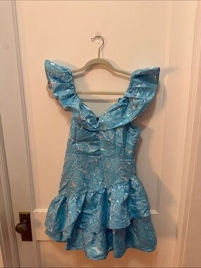 DO+BE Light Blue Floral Satin Dress with Ruffle Detail